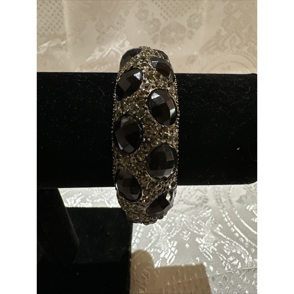 Silver Tone Black Clear Faceted Rhinestones Cuff Bracelet Handcrafted Artisan - Picture 3 of 15